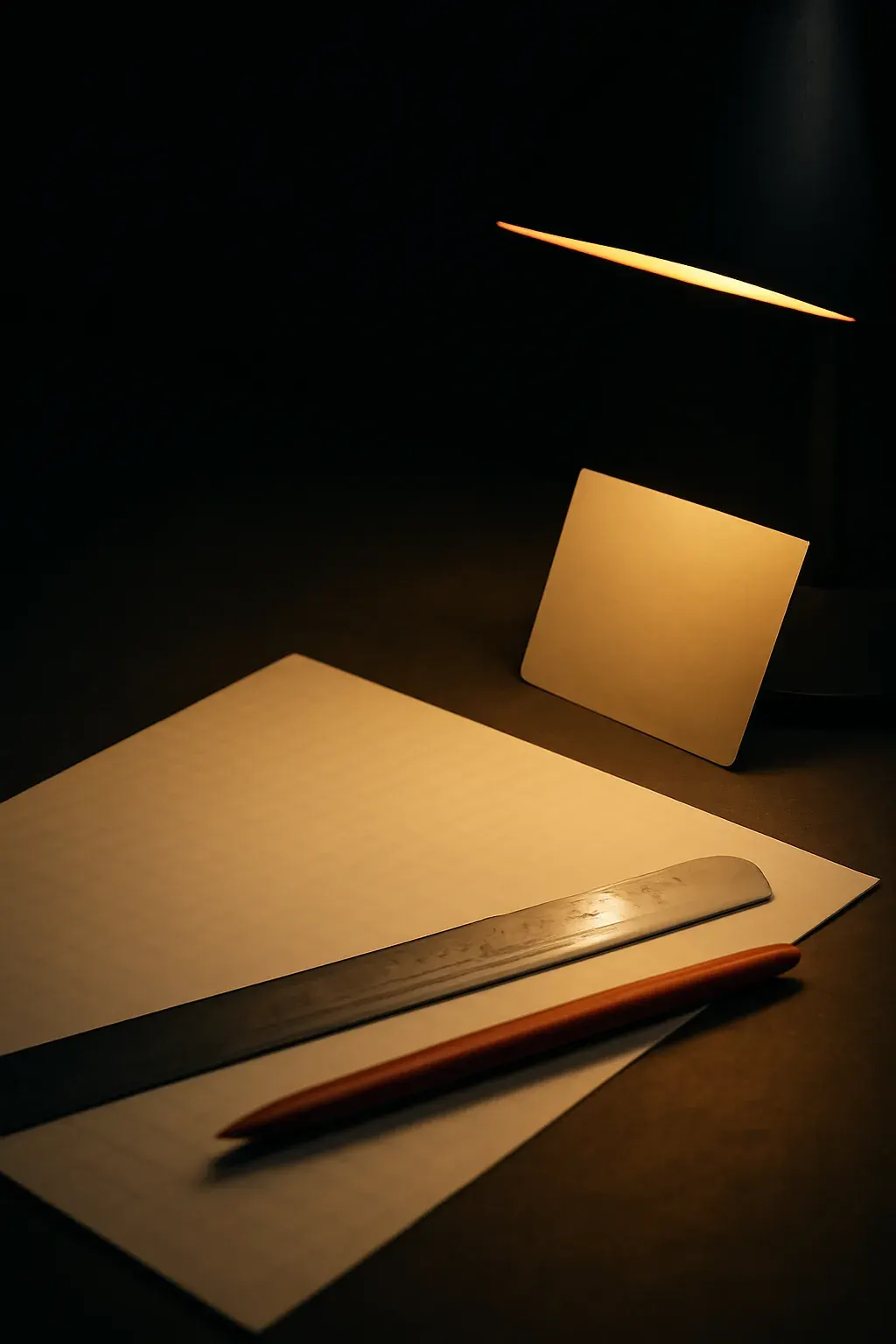 Un rincón de escritorio con luz cálida, papel milimetrado, una regla y una tarjeta con esquina cortada recibiendo la luz — los propios materiales de trabajo del estudio, no una foto de oficina preparada.