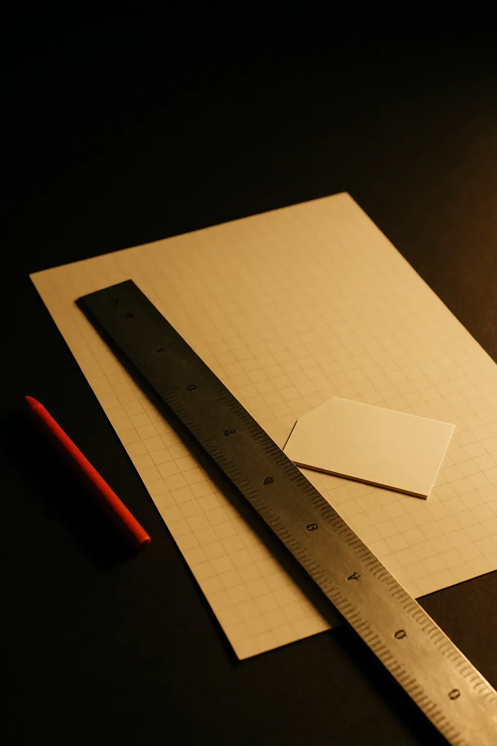 A close study of ruled paper, a straightedge and a cut-corner card on a desk — the studio's own drafting-sheet method, in the materials it's named after.