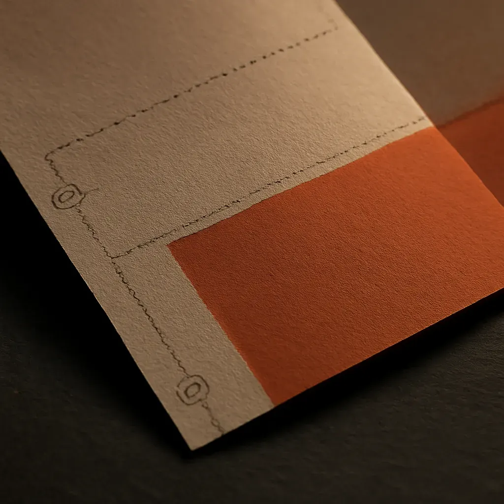 A close crop of a print spread with visible registration marks and a cut dieline, warm-lit against dark paper stock.