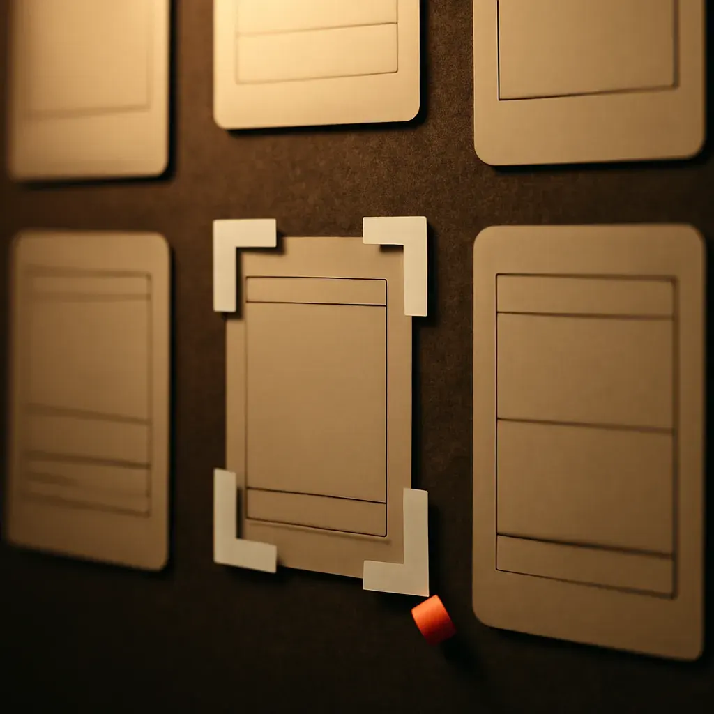 A close crop of interface frames and component annotations pinned to a board, corner brackets marking selected elements.