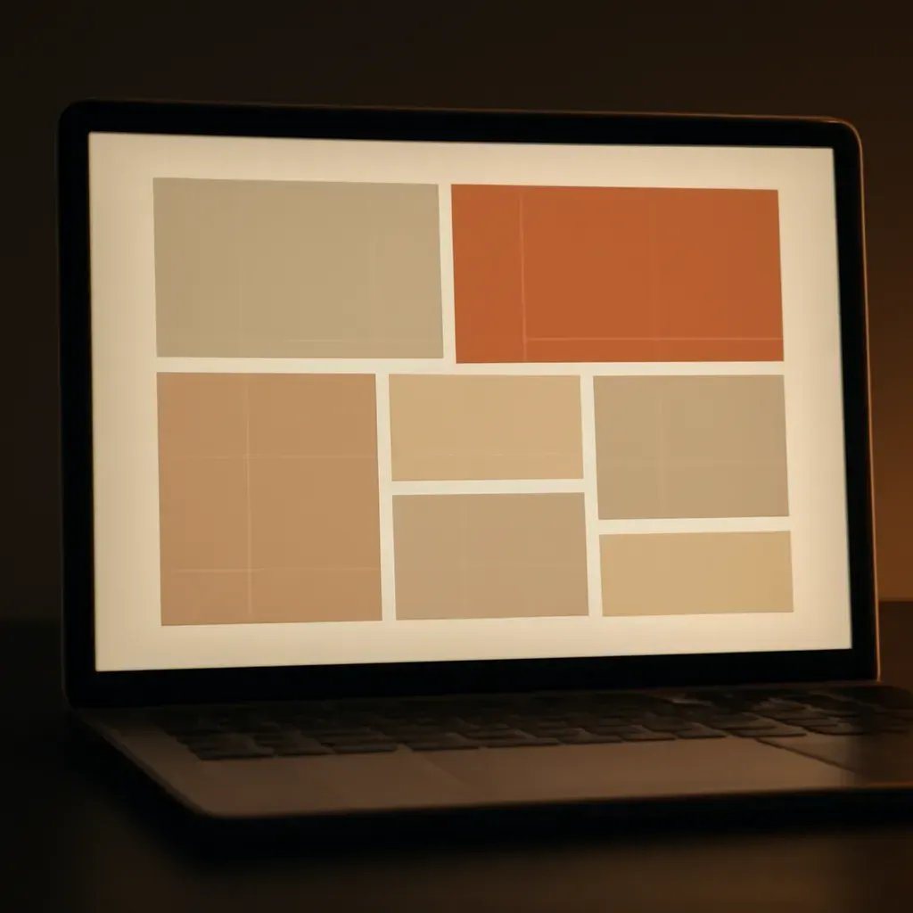 A browser window mid-scroll over a structured page layout, grid lines visible, on a warm-lit screen.