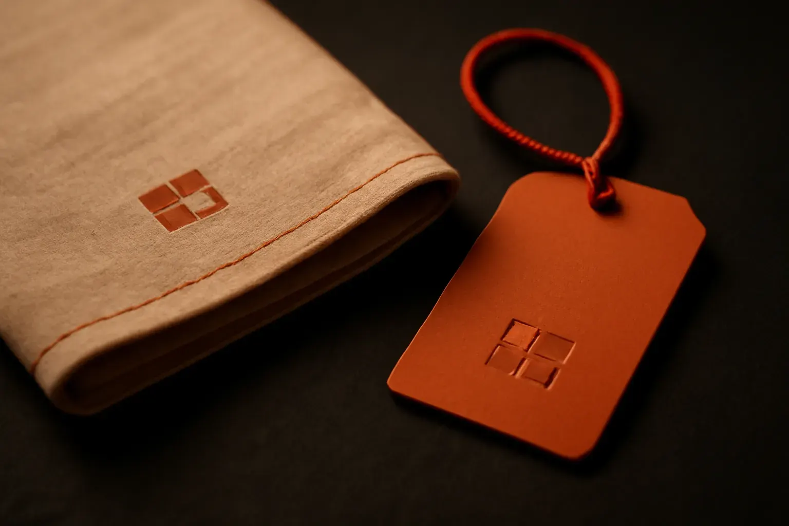 A warm-lit close crop of a hospitality brand mark stamped on a linen napkin beside a room key tag, both carrying the same cut-corner motif.