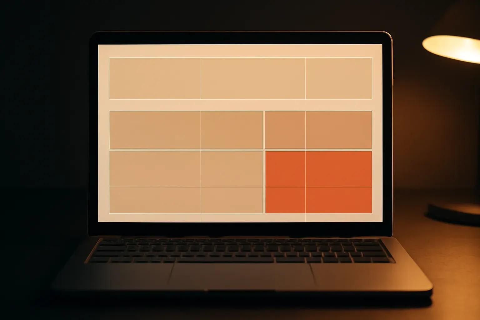 A cropped browser window showing a structured logistics site homepage, grid lines faintly visible, warm-lit against a dark desk.