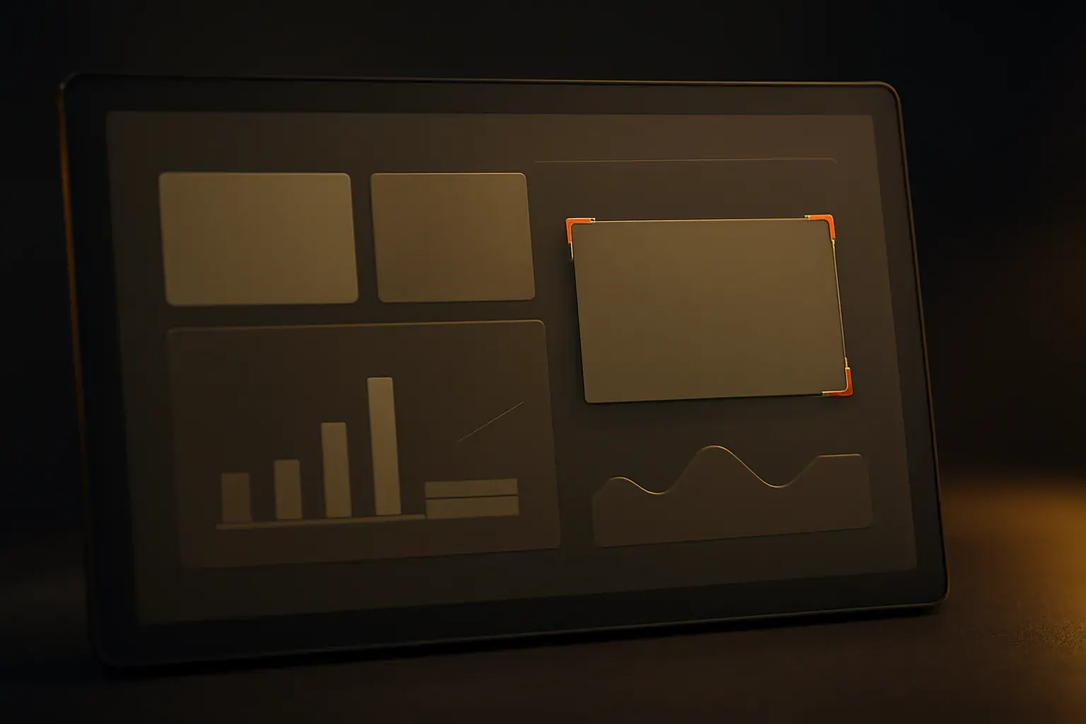 A close crop of interface frames with corner-bracket selection marks over a fintech dashboard layout, warm accent light on one selected element.