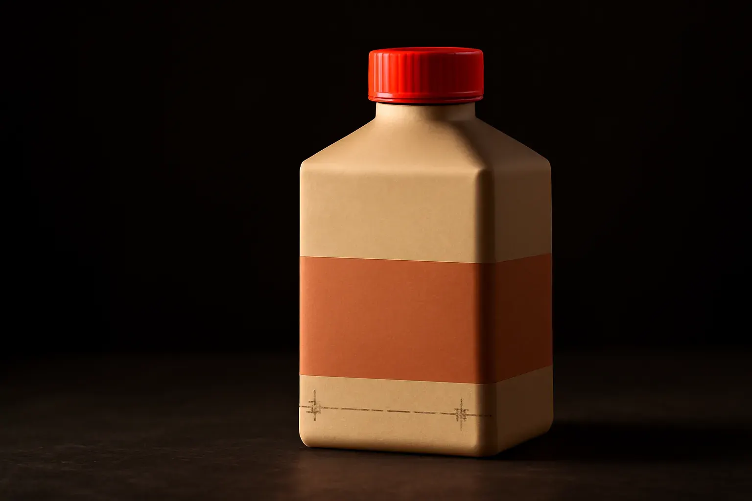 A warm-lit close crop of beverage packaging with visible registration marks and dieline edges, a single vermilion cap as the accent object.